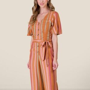 FRANCESCA'S BLU RAIN NWT X-Large Mirian Brown Peach Green Tie Front Jumpsuit